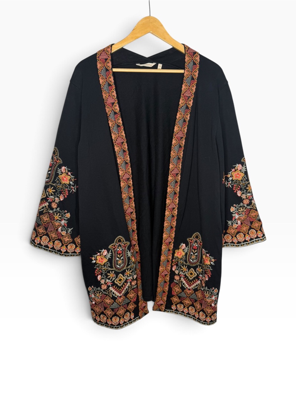 Soft Surroundings Black Embroidered Multicolor Kimono Open Cardigan 1X Boho - Picture 2 of 10